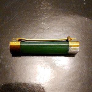 Vintage 9ct yellow etched gold & nephrite jade bar brooch pin 2' long beautiful